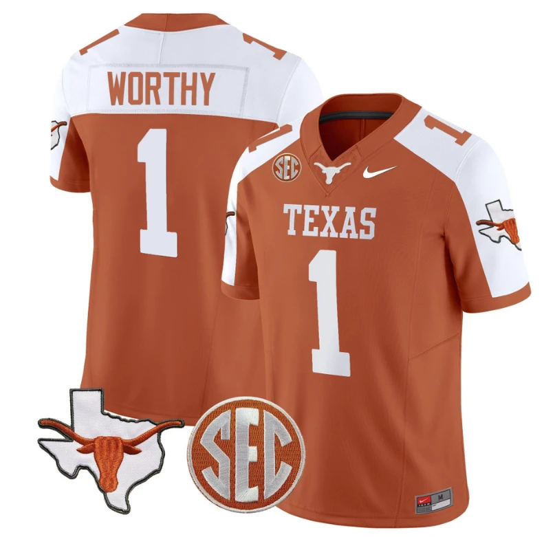 Xavier Worthy Jersey #1 Texas Longhorns State Map and Sec Patch Vapor Limited College Football Stitched Orange Alternate by My Store