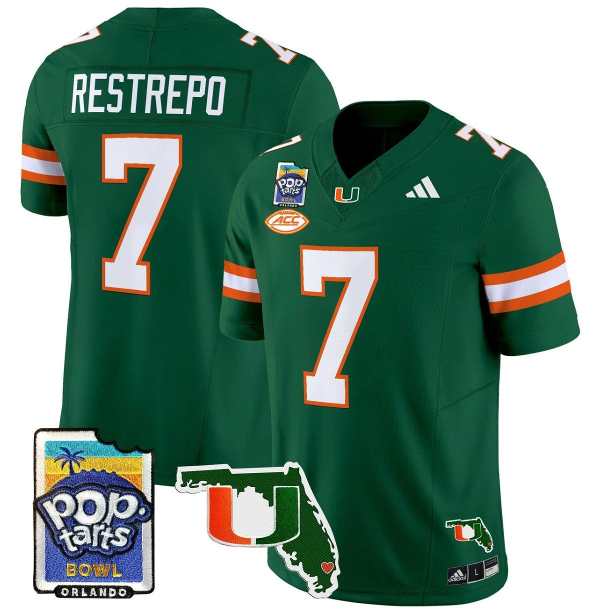 Xavier Restrepo Jersey #7 Miami Hurricanes 2025 PopTarts Bowl Patch Green by My Store