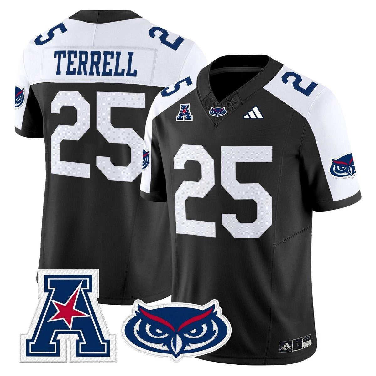 Xavier Terrell Jersey #25 Florida Atlantic Owls 2025 All Stitched Black by My Store NCAA Football Jerseys