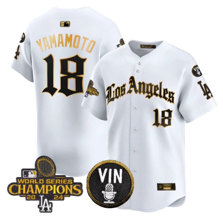 Yamamoto Jersey #18 Dodgers 2025 LA Gothic Style Stitched White Gold by My Store