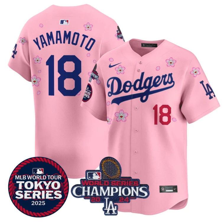 Yamamoto Jersey #18 Dodgers Tokyo Series 2025 World Series Champions Patch Cherry Blossom by My Store