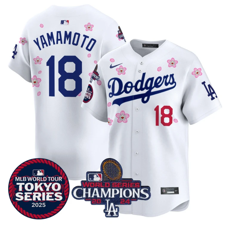 Yamamoto Jersey #18 Dodgers Tokyo Series 2025 World Series Champions Patch White by My Store