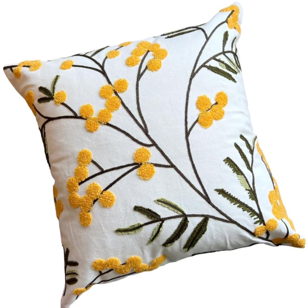 Yellow Bloom & Leaf Embroidery Cushion Cover by Casa & Beyond