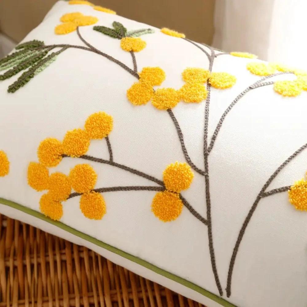 Yellow Bloom & Leaf Embroidery Cushion Cover by Casa & Beyond