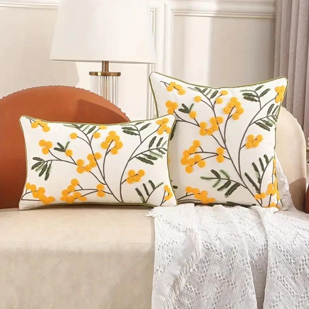 Yellow Bloom & Leaf Embroidery Cushion Cover by Casa & Beyond