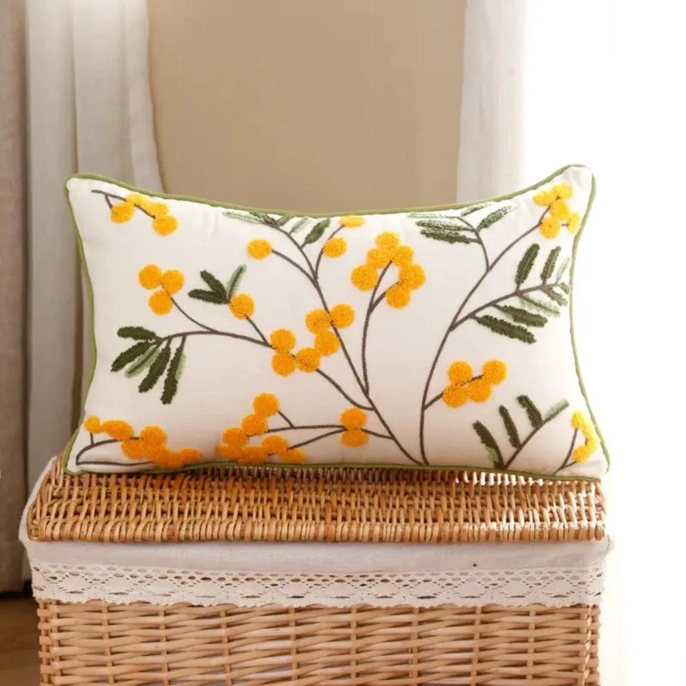 Yellow Bloom & Leaf Embroidery Cushion Cover by Casa & Beyond