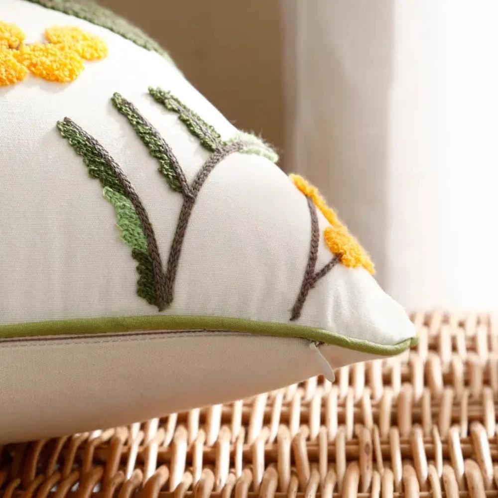 Yellow Bloom & Leaf Embroidery Cushion Cover by Casa & Beyond