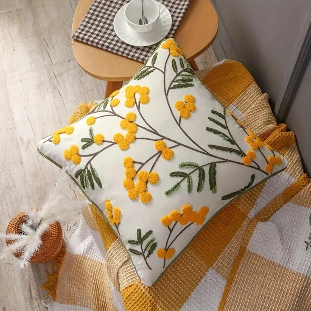 Yellow Bloom & Leaf Embroidery Cushion Cover by Casa & Beyond