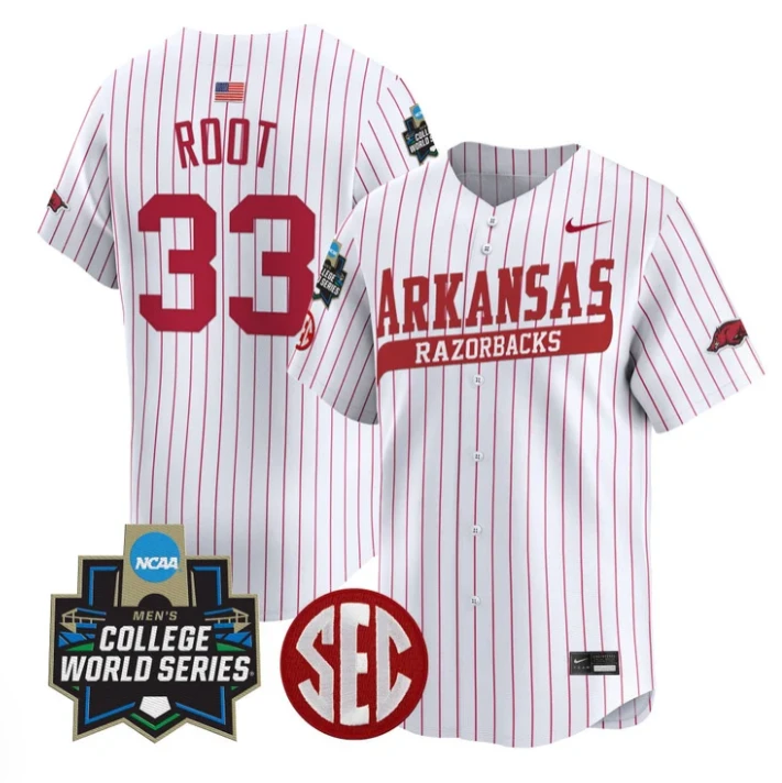 Zach Root Jersey #33 Arkansas Razorbacks 2025 World Series Stitched Pinstripe by My Store