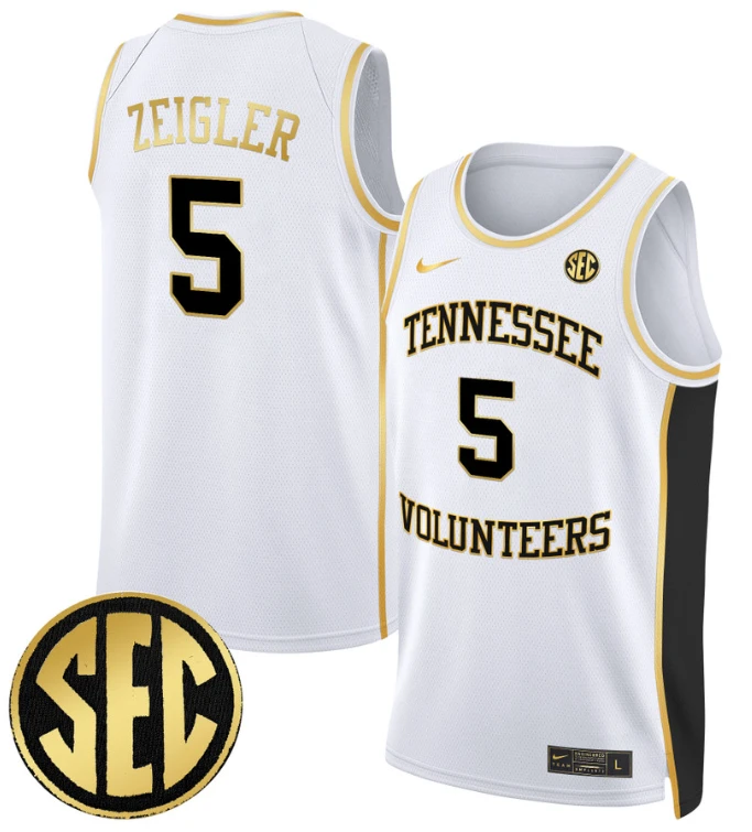 Zakai Zeigler Jersey #5 Tennessee Vols 2024 Swingman Basketball White Gold by My store basketball