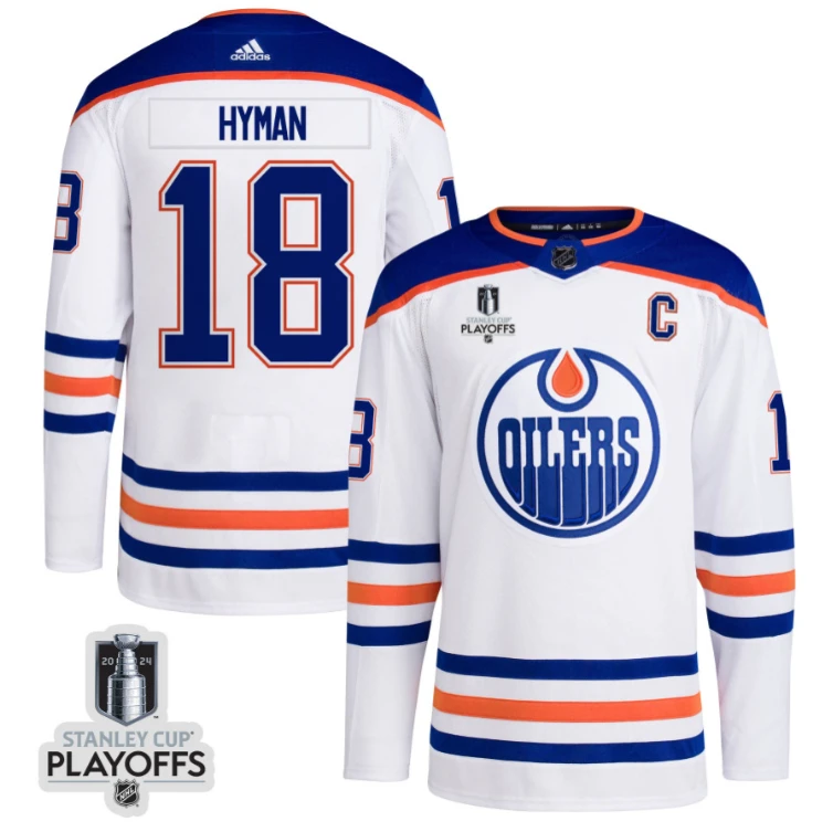 Zach Hyman 18 Edmonton Oilers 2024 NHL Playoffs Patch Away Jersey - Men, White by Hockey David
