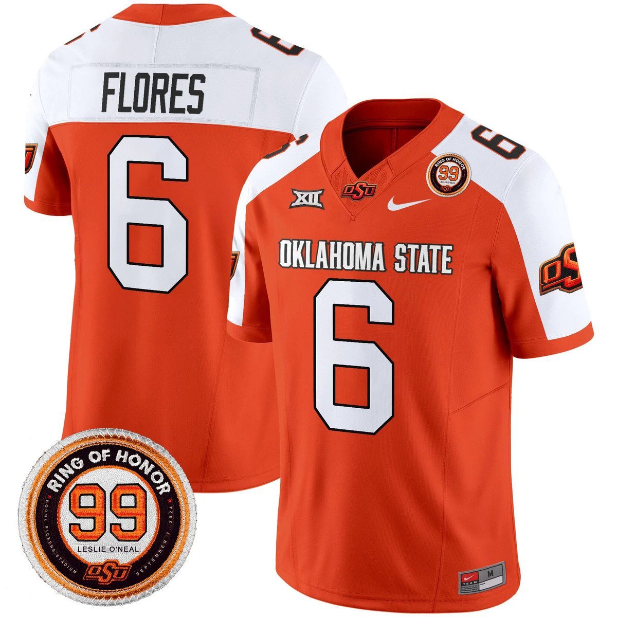 Zane Flores Jersey #6 Oklahoma State Cowboys 2025 Leslie O'neal Patch Orange Alternate by NCAA Football Jersey