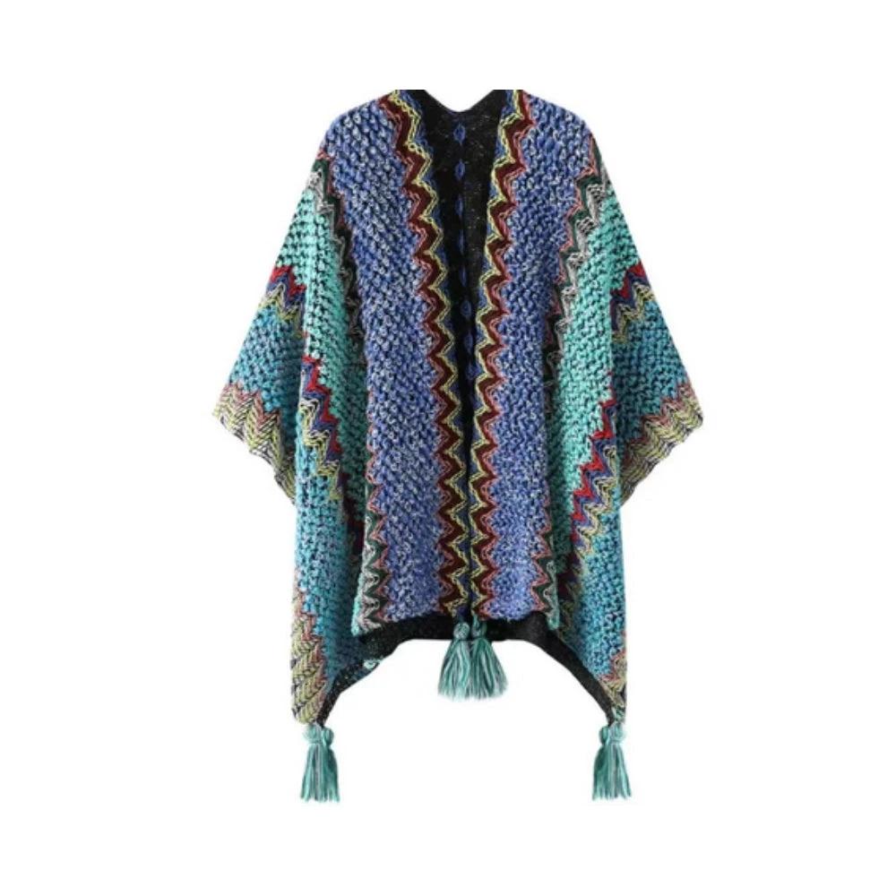 Zayla Tassel Striped Poncho Shawl by Casa & Beyond