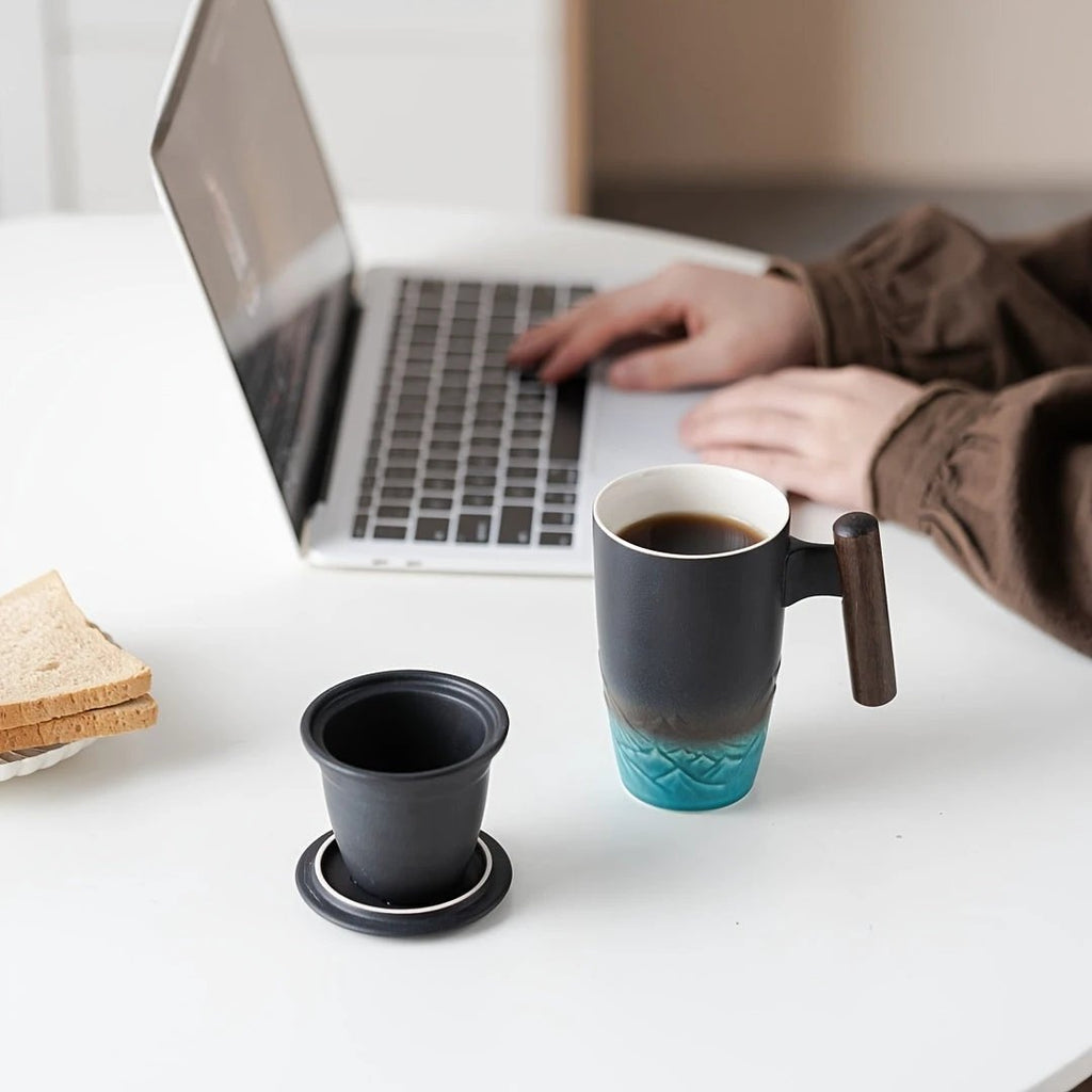 TeaCraft Ceramic Mug | Handmade | With Tea Infuser & Wooden Handle | Retro Design by BowLift