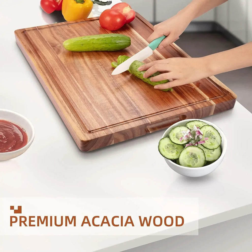 Acacia Wooden Cutting Board Thick Chopping Board With Side Handle by Bowlift