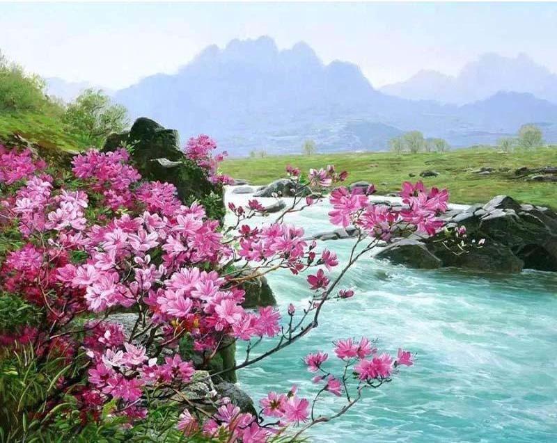 Flowers Alongside the Racing River - Van-Go Paint-By-Number Kit by Bowlift