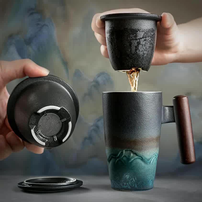 TeaCraft Ceramic Mug | Handmade | With Tea Infuser & Wooden Handle | Retro Design by BowLift