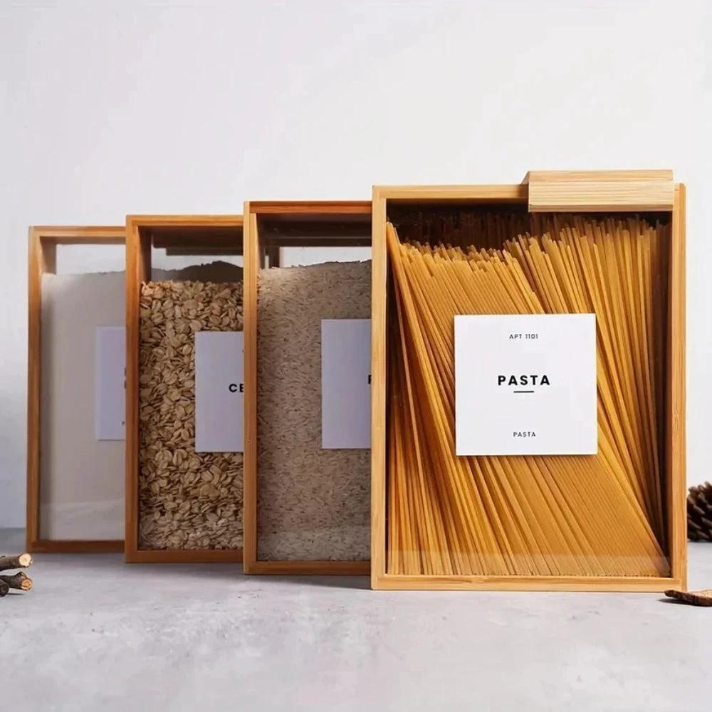 Sliding Bamboo Wood Pasta Grain Storage Container by Casa & Beyond