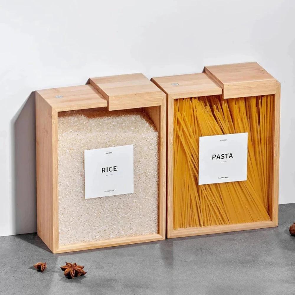 Sliding Bamboo Wood Pasta Grain Storage Container by Casa & Beyond