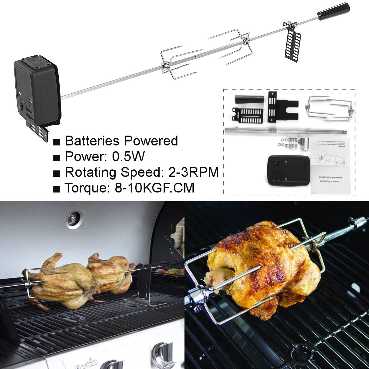 BBQ Grill Motor Meat Forks Set Automatic Spit Rod Rotisserie Kit by Bowlift