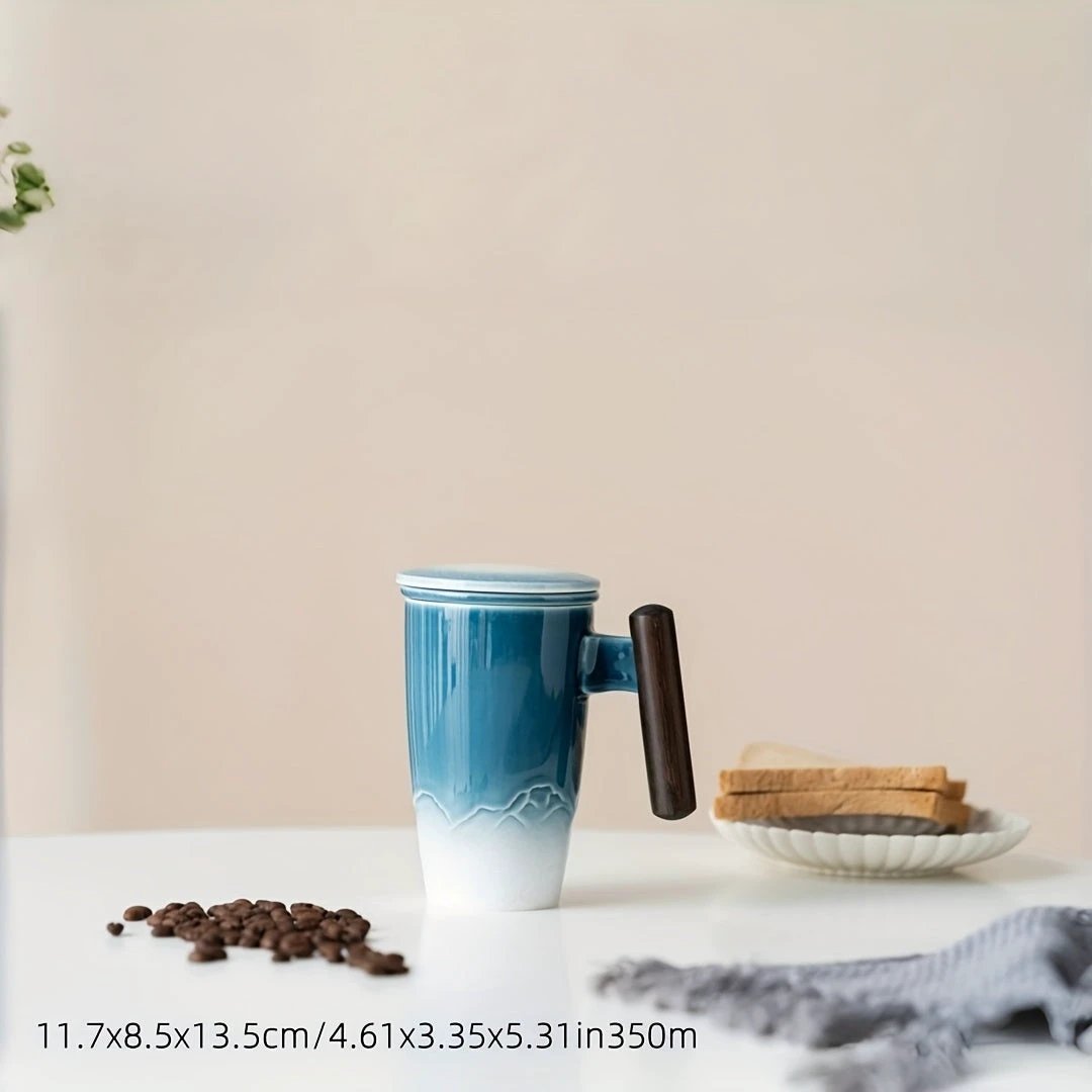TeaCraft Ceramic Mug | Handmade | With Tea Infuser & Wooden Handle | Retro Design by BowLift