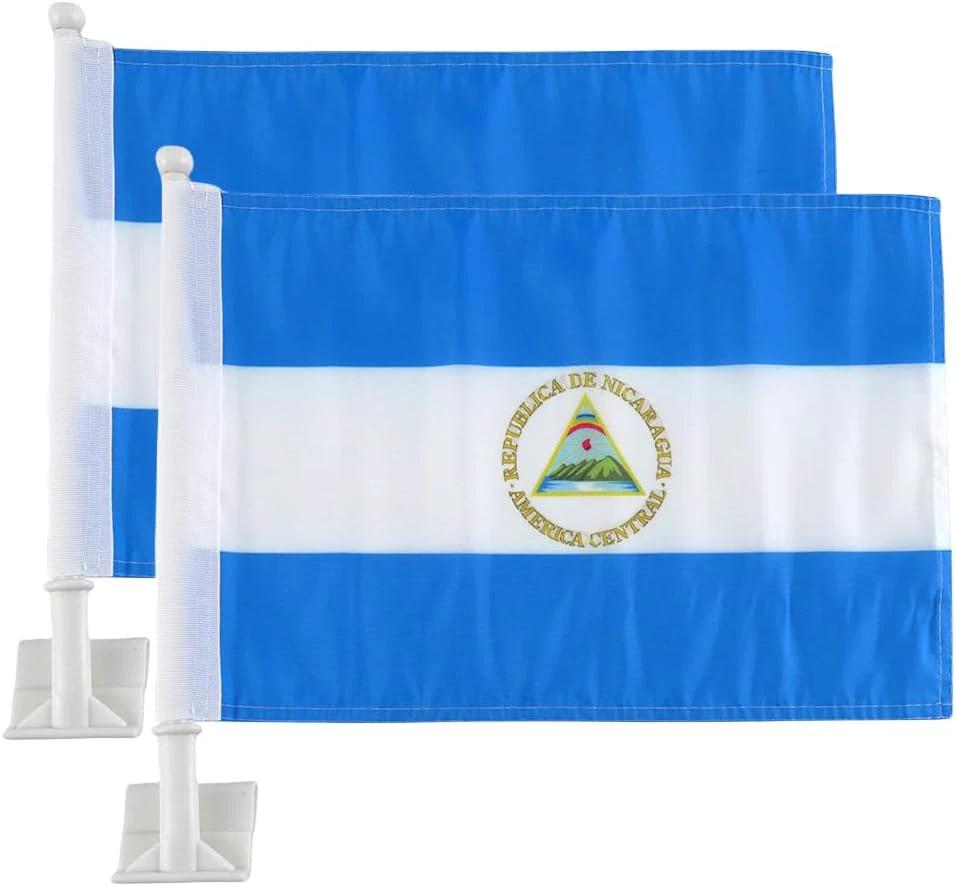 Car Window Flag of Nicaragua 11X18 Inch(28x46cm) 100% Polyester, Strong White Flagpole by flagsshop