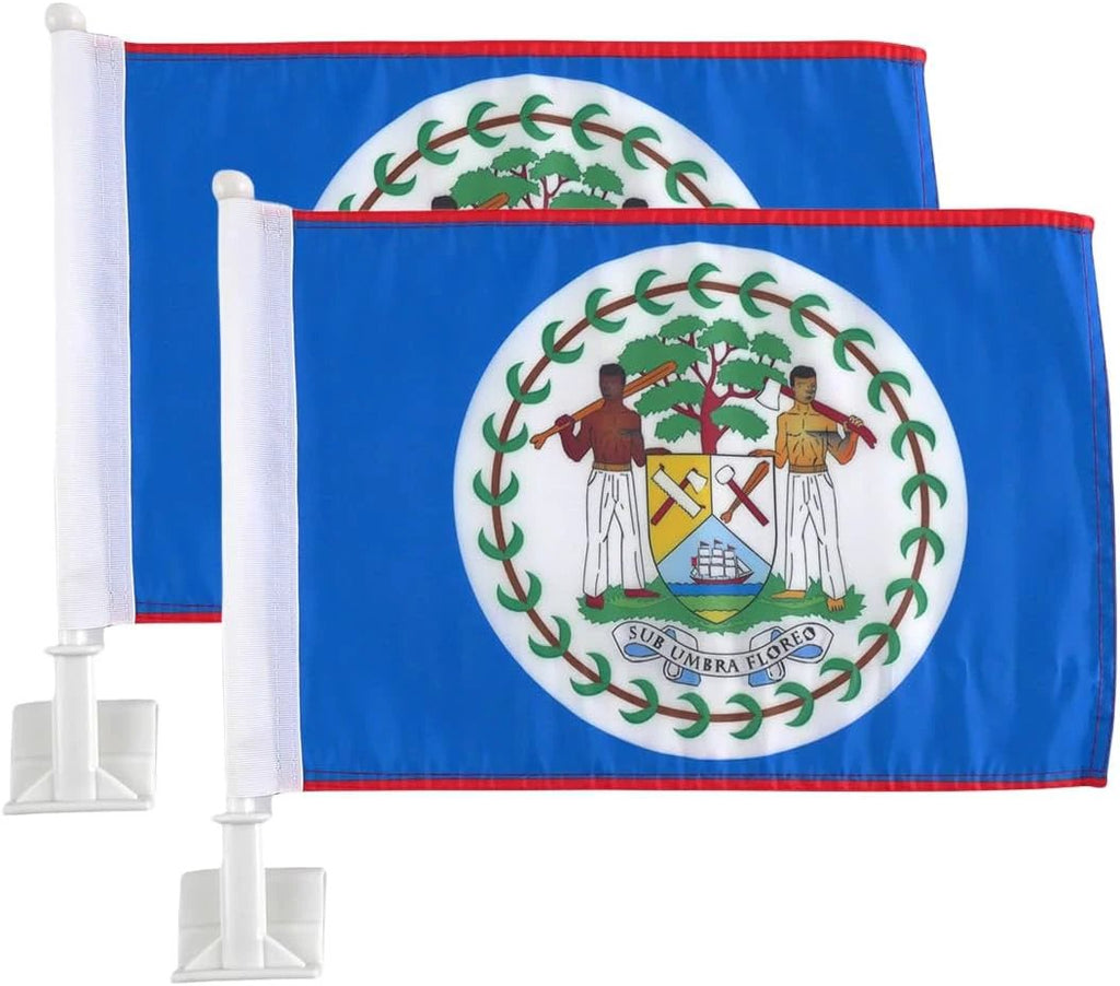 Car Window Flag of Belize 11X18 Inch(28x46cm) 100% Polyester, Strong White Flagpole by flagsshop