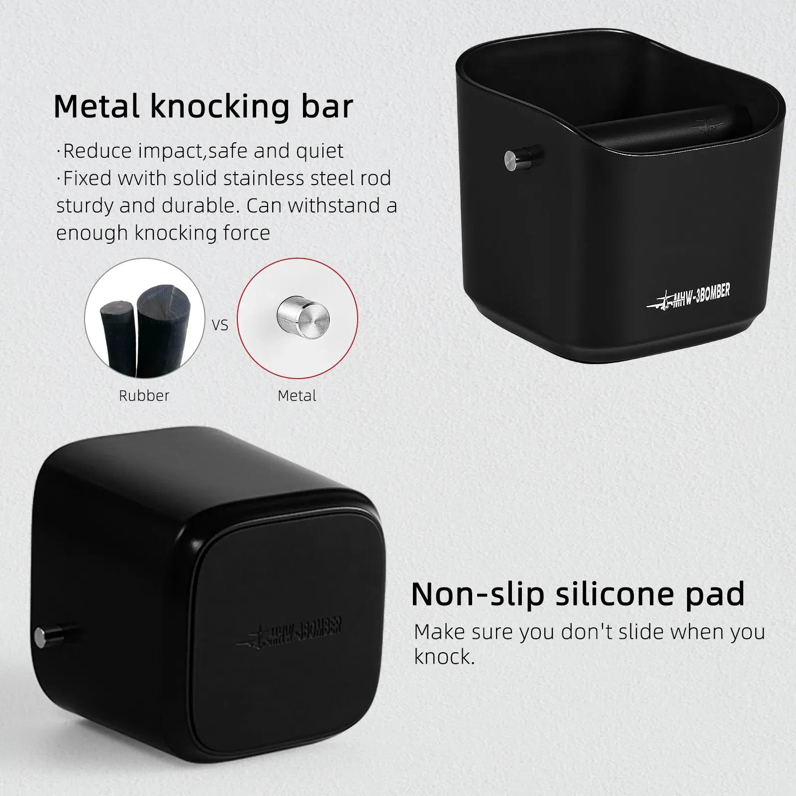 Coffee Grounds Knock Box Square Removable Knock Bar and Non-Slip Base by Bowlift