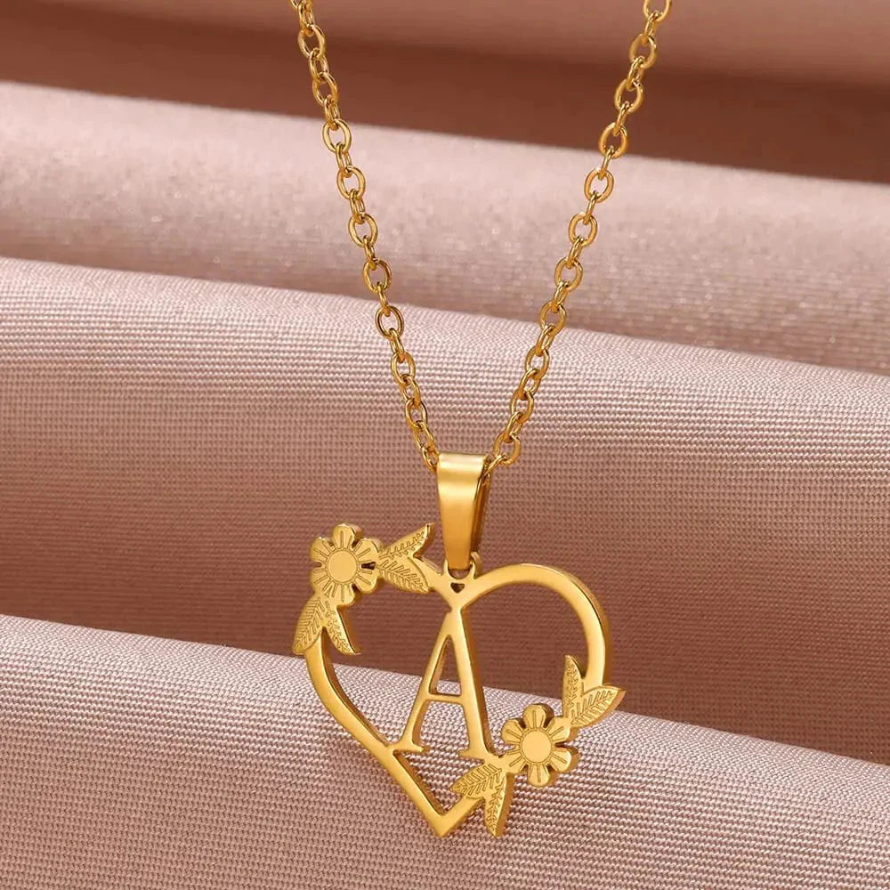 Dainty Floral Heart Letter Initial Necklace by BowLift