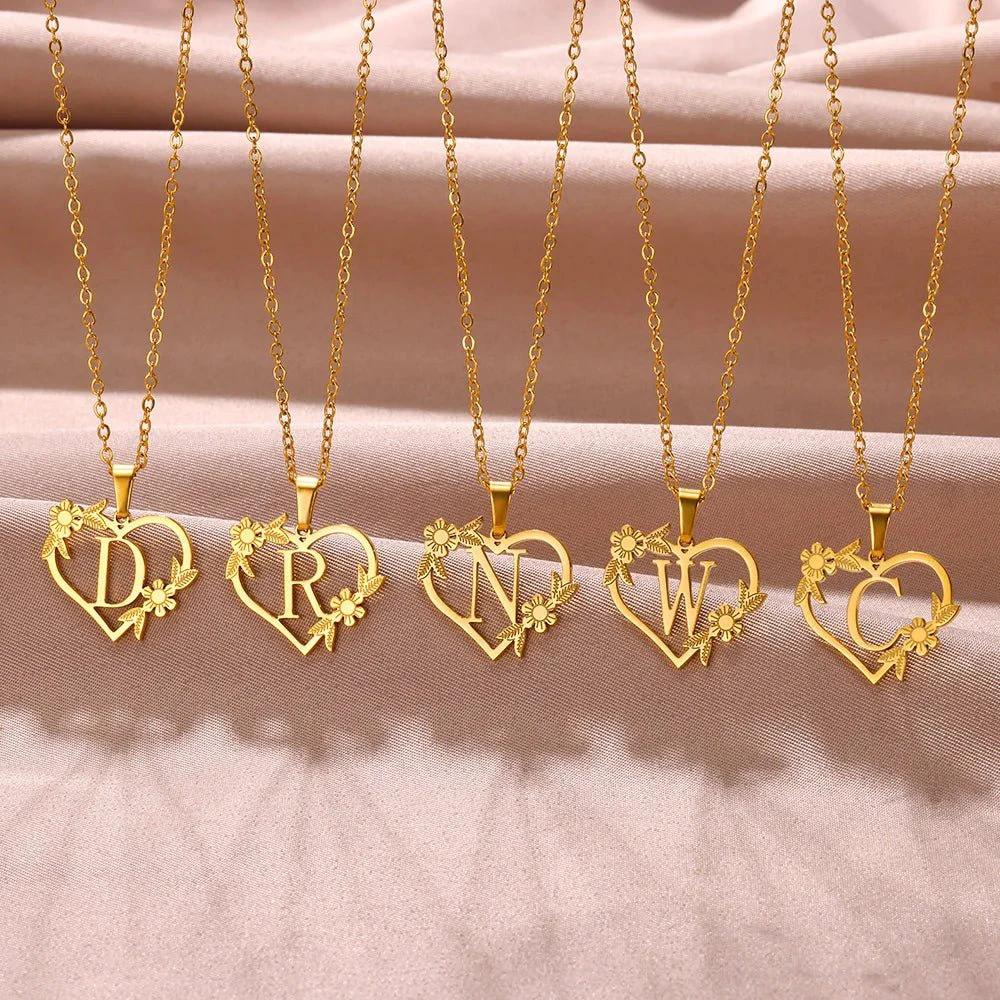 Dainty Floral Heart Letter Initial Necklace by BowLift
