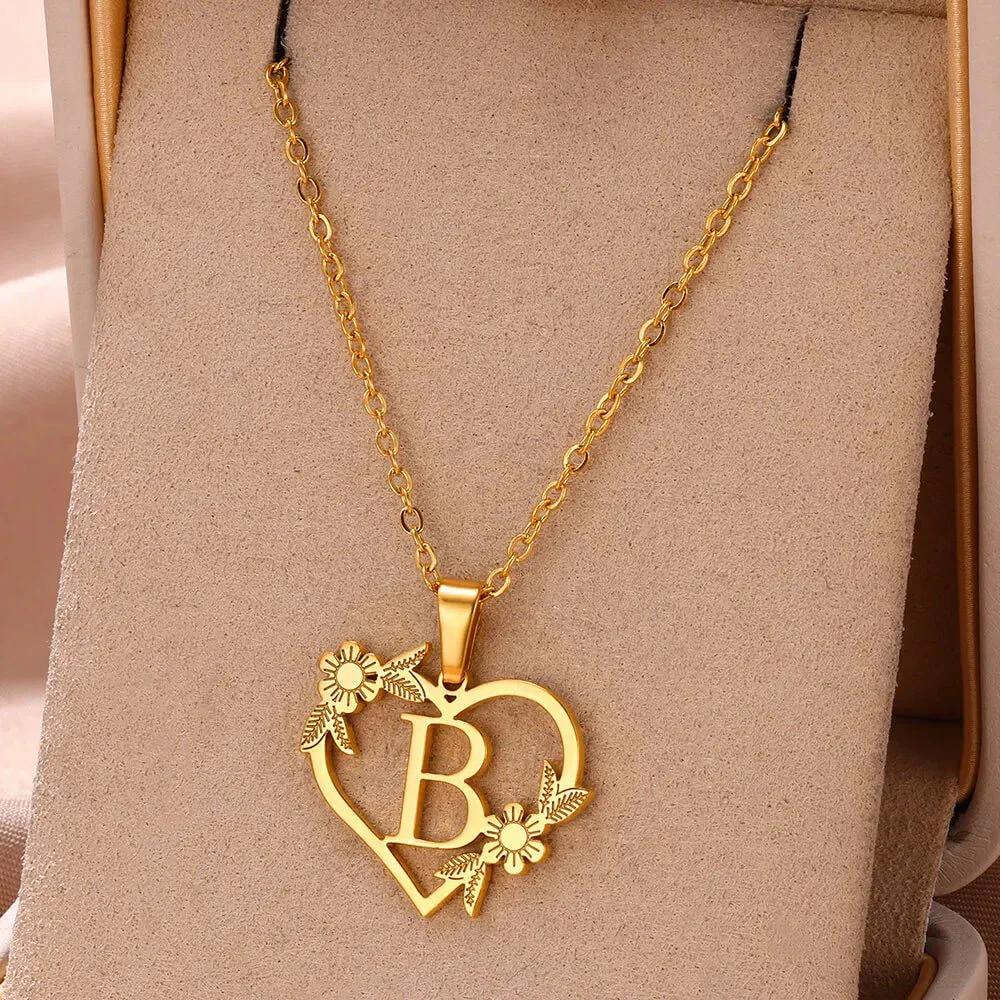 Dainty Floral Heart Letter Initial Necklace by BowLift