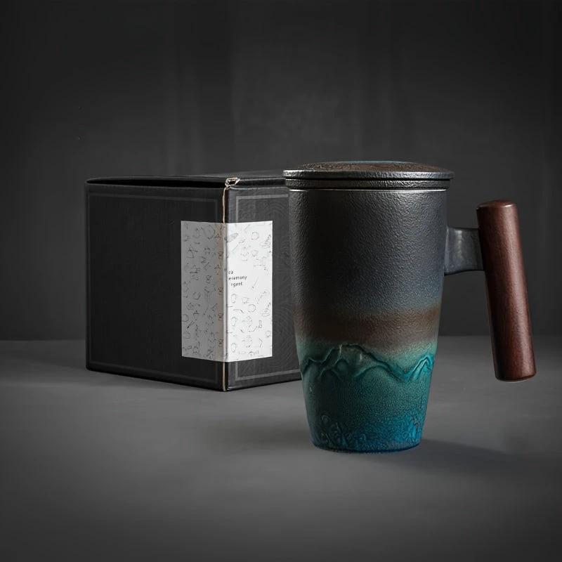 TeaCraft Ceramic Mug | Handmade | With Tea Infuser & Wooden Handle | Retro Design by BowLift