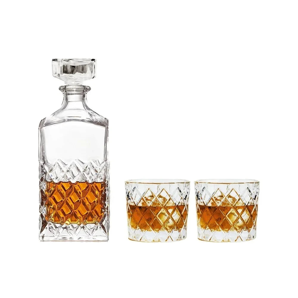 Diamond Cut Clear Glass Decanter and DOF Set Durable Dishwasher Safe by Bowlift