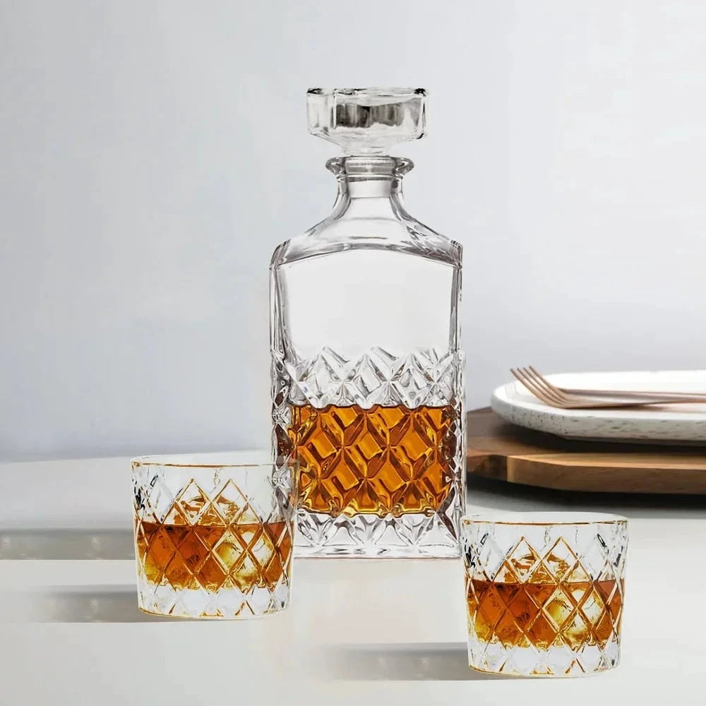 Diamond Cut Clear Glass Decanter and DOF Set Durable Dishwasher Safe by Bowlift