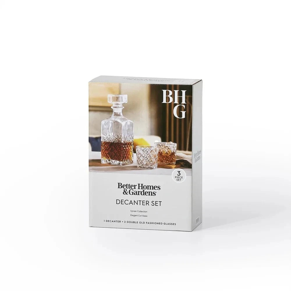 Diamond Cut Clear Glass Decanter and DOF Set Durable Dishwasher Safe by Bowlift