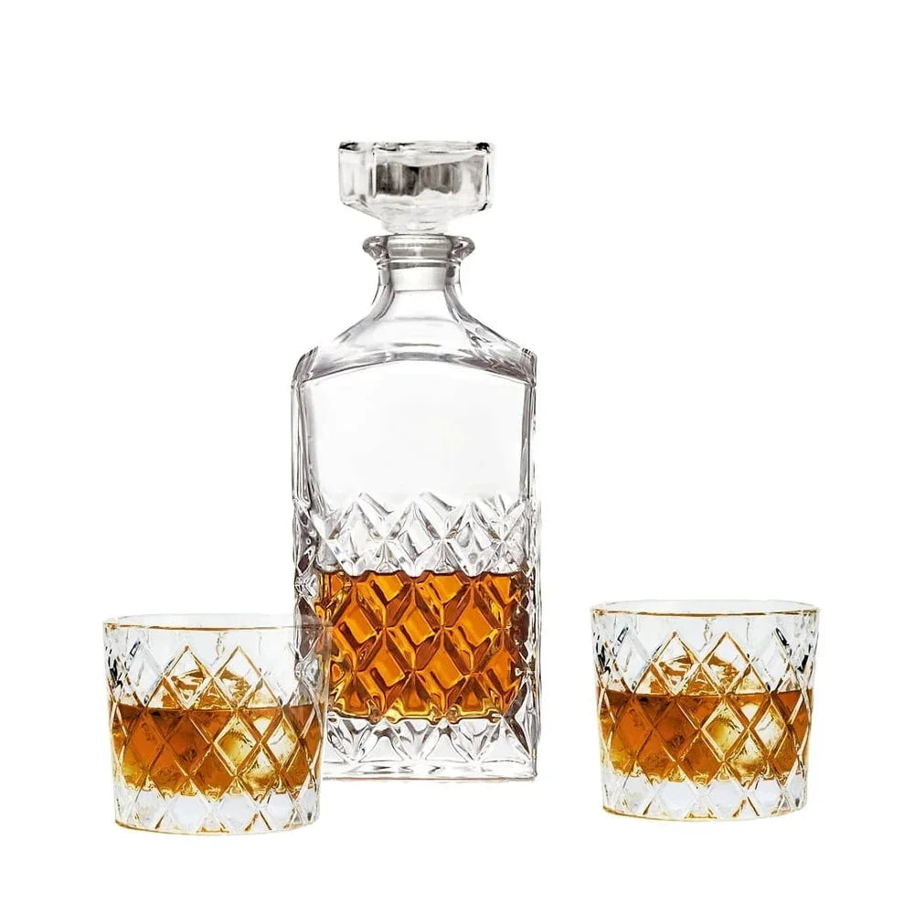 Diamond Cut Clear Glass Decanter and DOF Set Durable Dishwasher Safe by Bowlift