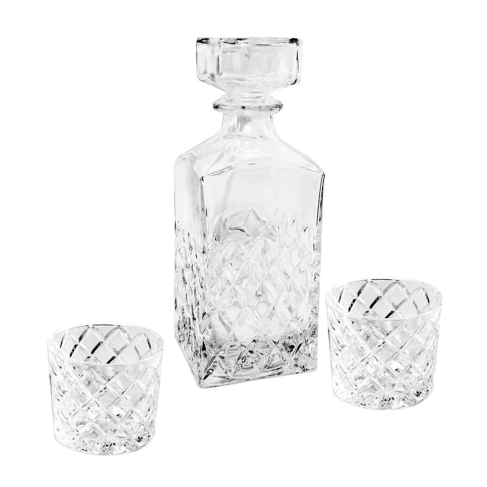 Diamond Cut Clear Glass Decanter and DOF Set Durable Dishwasher Safe by Bowlift