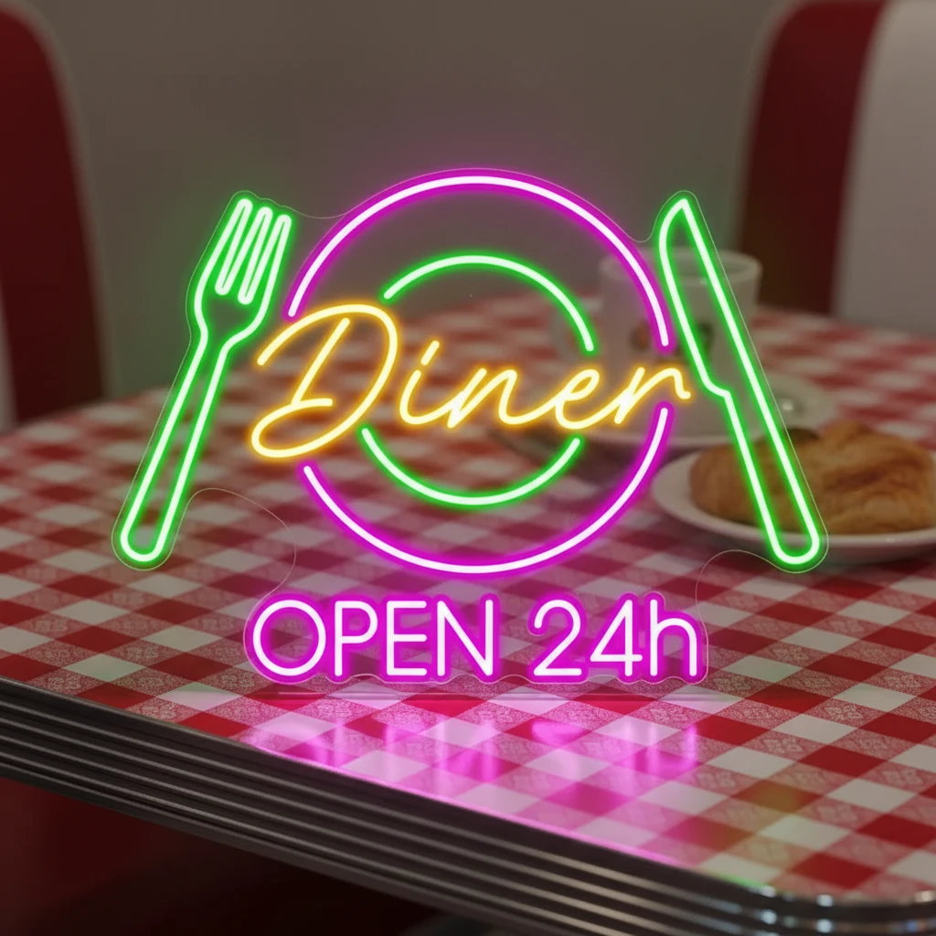 Restaurant Neon Sign Dinner 24h Open Neon Sign by Neonchics