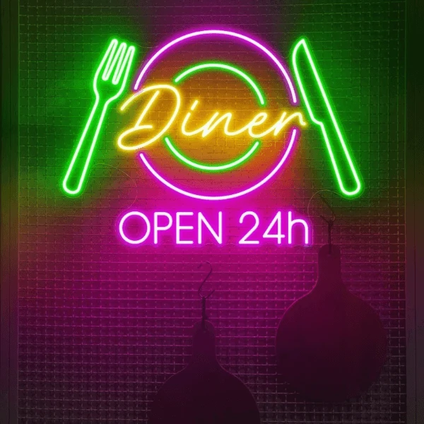 Restaurant Neon Sign Dinner 24h Open Neon Sign by Neonchics