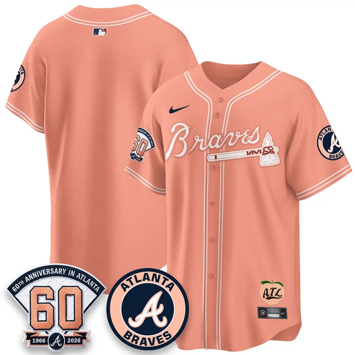 ATL 60th Anniversary Peach Edition - Stitched (2) by Atlanta Braves