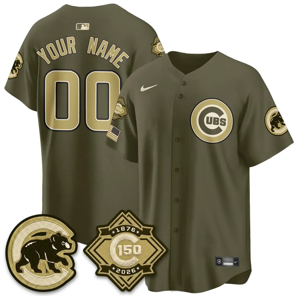 Chicago Cubs New Era Olive 2026 Armed Forces Day Custom Jersey -All Stitched by Chicago Cubs