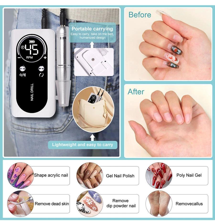 ProNail 45000RPM Electric Nail File – Portable Rechargeable E-File for Manicure & Acrylic Nails | Low Noise by BowLift