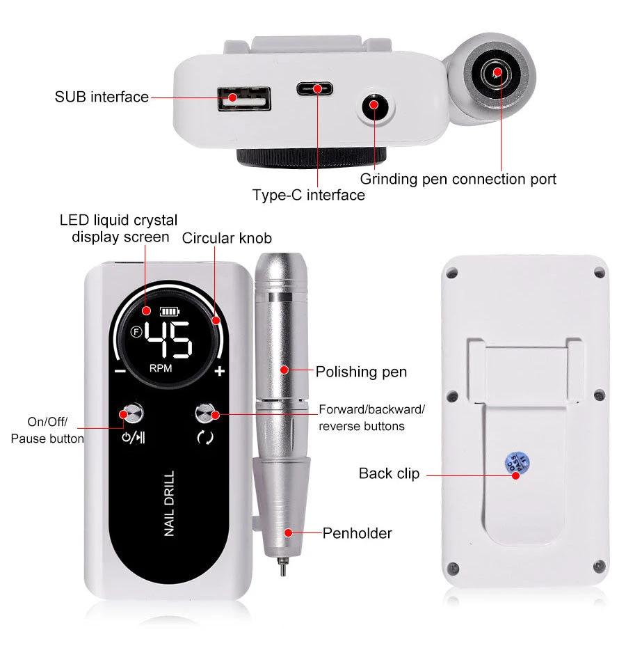 ProNail 45000RPM Electric Nail File – Portable Rechargeable E-File for Manicure & Acrylic Nails | Low Noise by BowLift