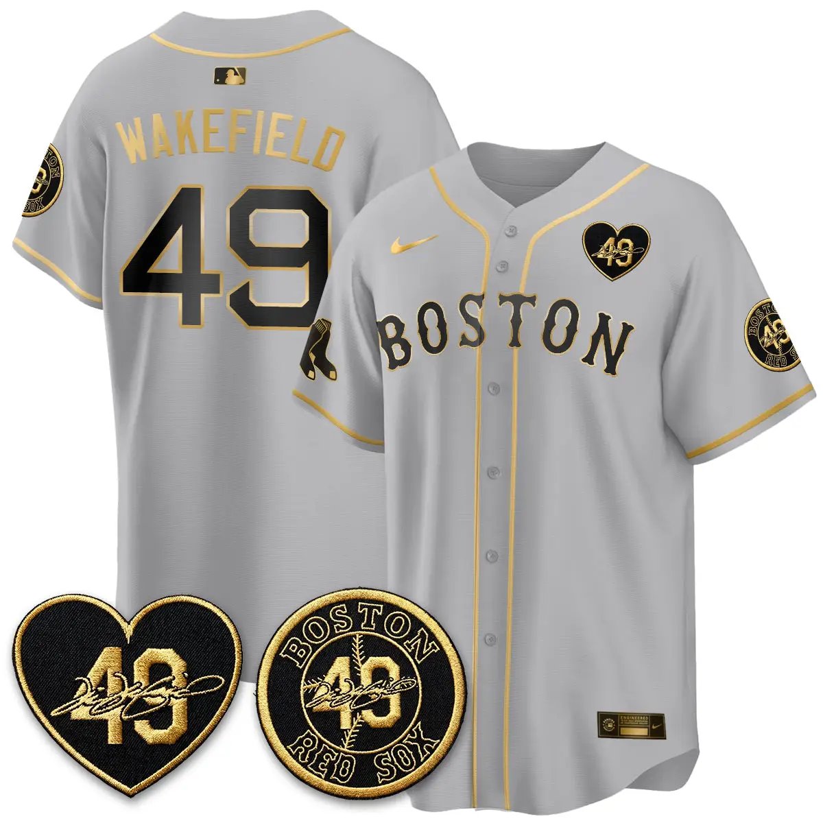 BOS Tim Wakefield Memorial Patch Vaper Premier Limited Gold Edition Jersey - All Stitched by Boston Red Sox