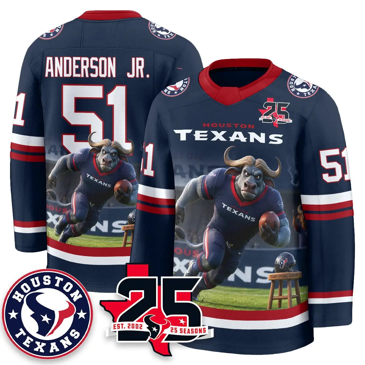 HOU x Bull Chief Edition Hockey Jersey - Printed by Houston Texans