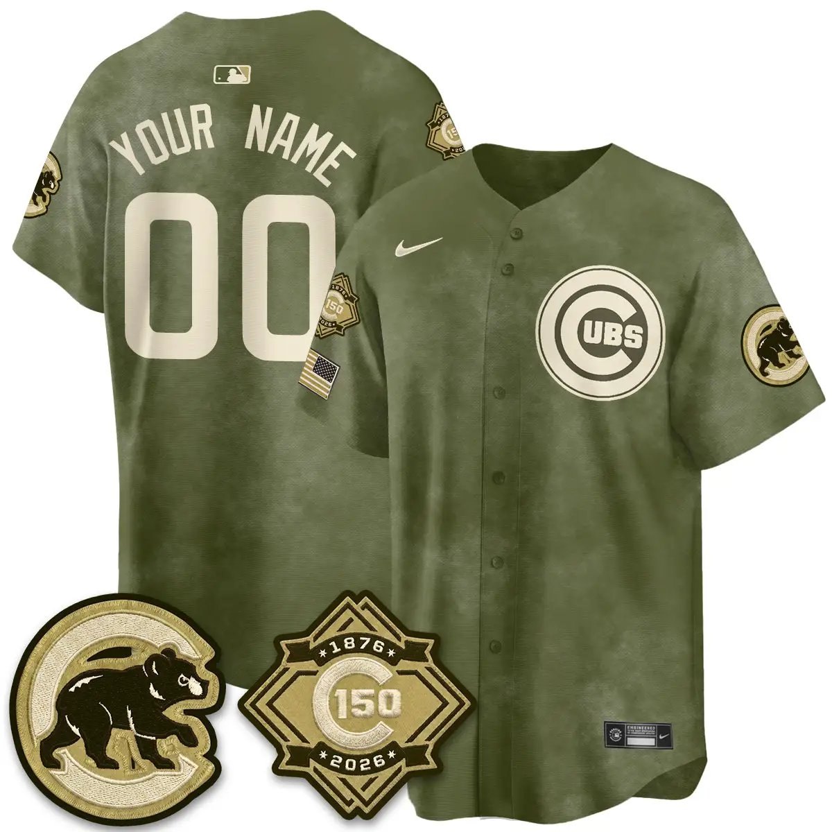 Chicago Cubs New Era Olive 2026 Armed Forces Day Custom Jersey -All Stitched by Chicago Cubs