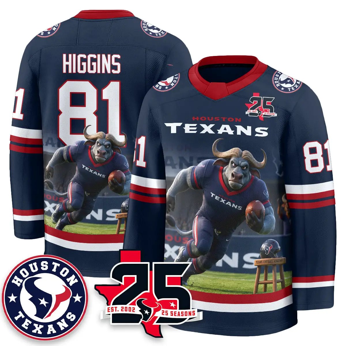HOU x Bull Chief Edition Hockey Jersey - Printed by Houston Texans