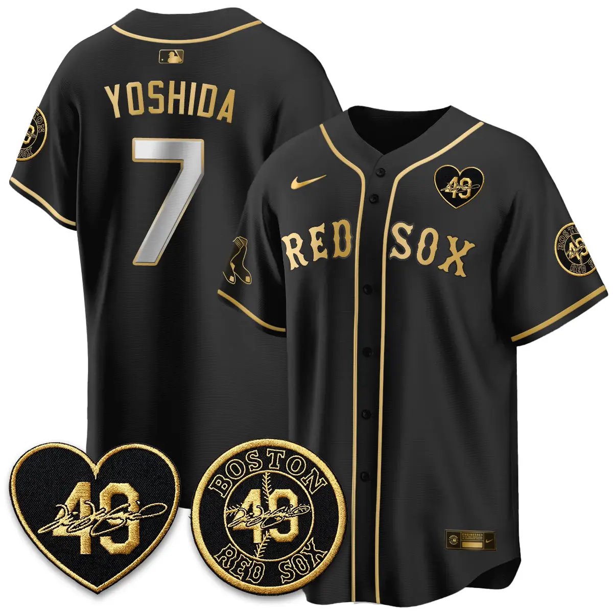 BOS Tim Wakefield Memorial Patch Vaper Premier Limited Gold Jersey - All Stitched by Boston Red Sox