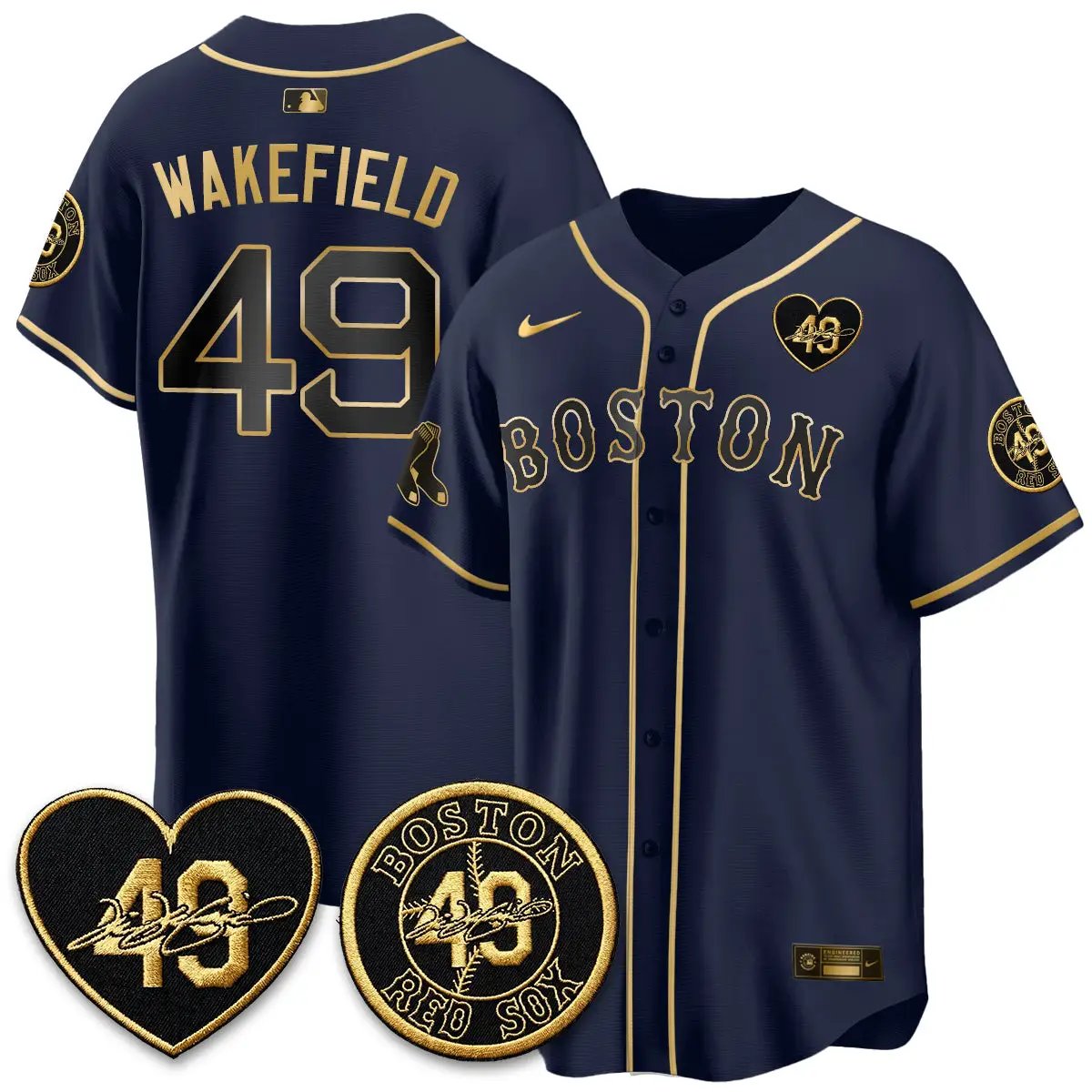 BOS Tim Wakefield Memorial Patch Vaper Premier Limited Gold Edition Jersey - All Stitched by Boston Red Sox