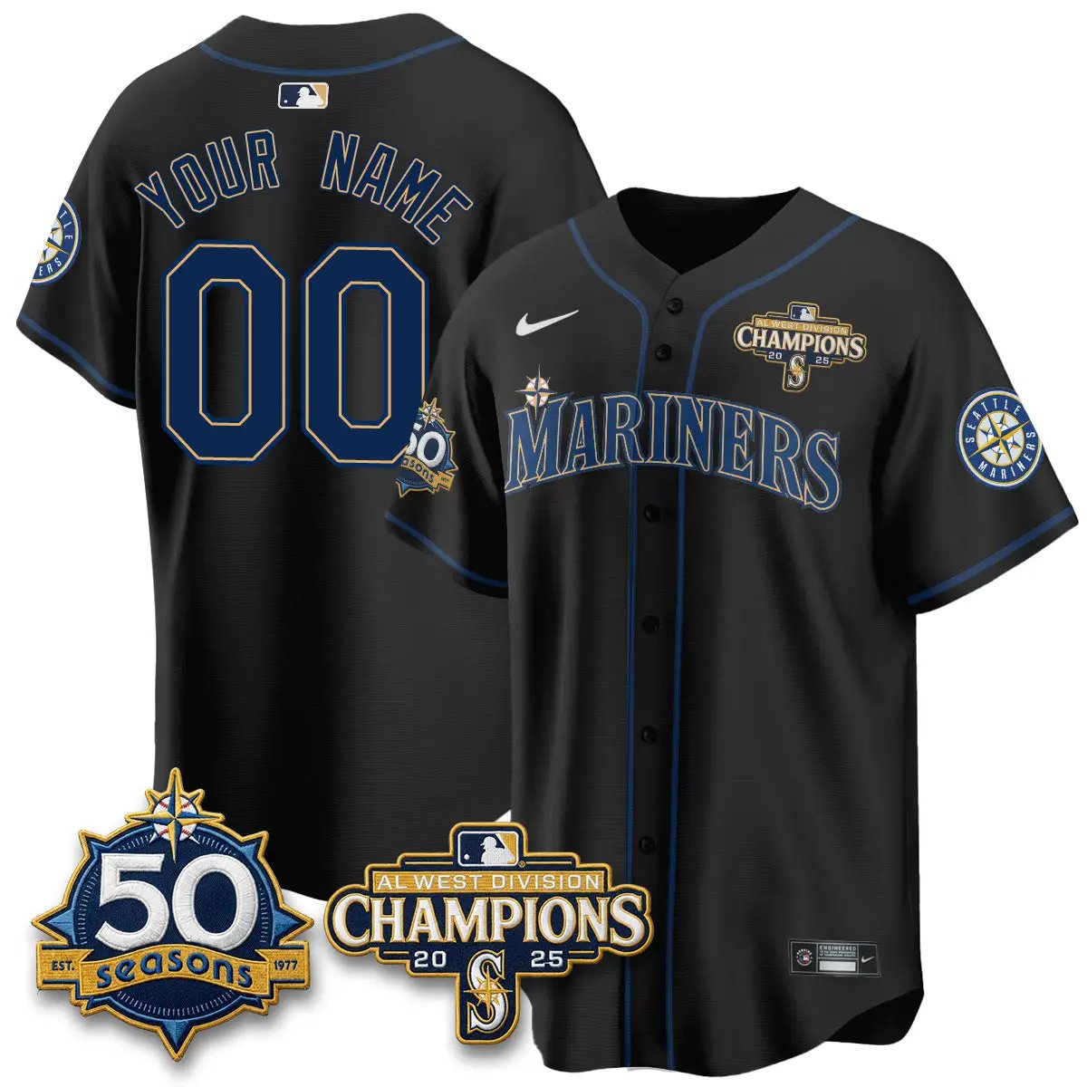 SEA 50th Anniversary Black Out Style Vapor Premier Limited Custom Jersey - All Stitched by Seattle Mariners
